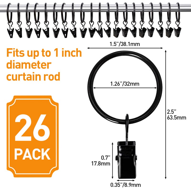 Ninsula 26 PCS Curtain Rings with Clips  Curtain Hooks for Drapes  Curtain Clips with Rings 1.26  Interior Diameter  Black Curtain Rings Fit up to 1 inch Curtain Rod - Image 2